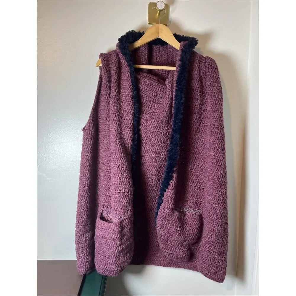Handmade Soft Wool Faux Fur Trim Sleeveless Hooded Cardigan With‎ Pockets Sz L